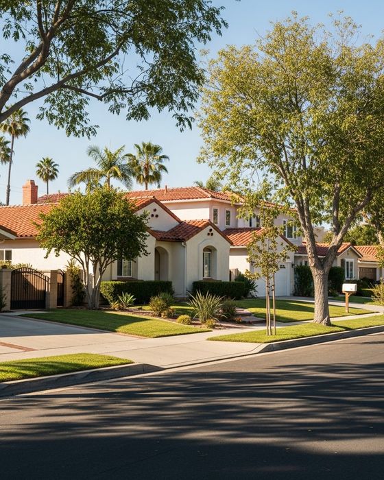 Street-level view of Chula Vista homes with varied architectural styles and mature landscaping.