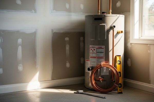 New tank water heater installed in Oceanside rental property utility closet