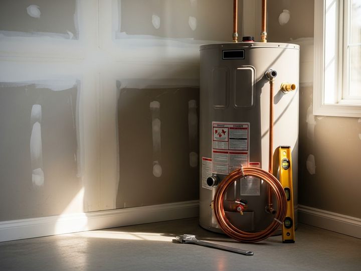 New tank water heater installed in Oceanside rental property utility closet