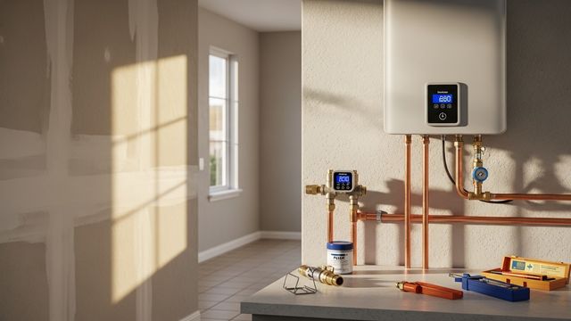 A water heating specialist reviewing system options with a San Diego homeowner in a residential utility room. An existing tank water heater is visible alongside notes on energy-efficient upgrade options.