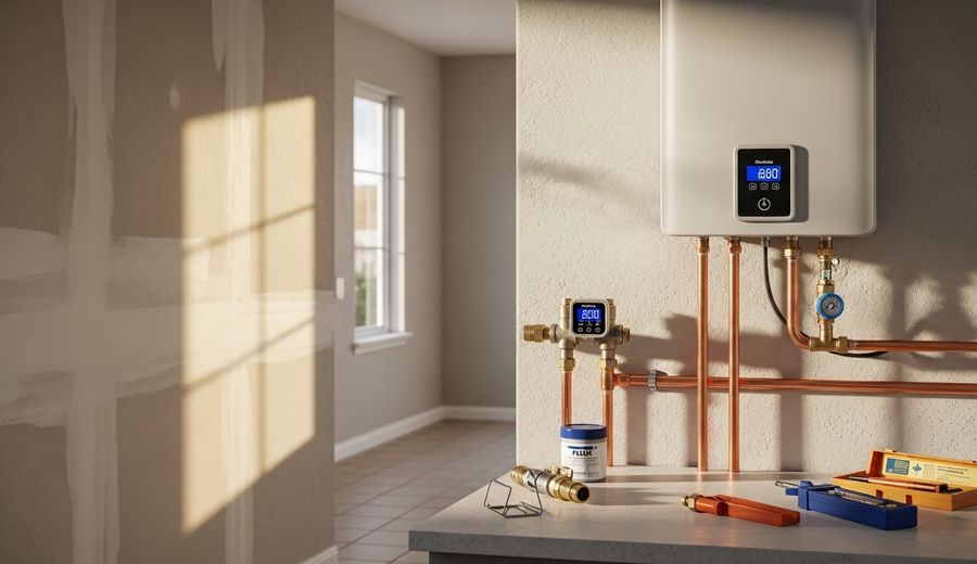 A water heating specialist reviewing system options with a San Diego homeowner in a residential utility room. An existing tank water heater is visible alongside notes on energy-efficient upgrade options.