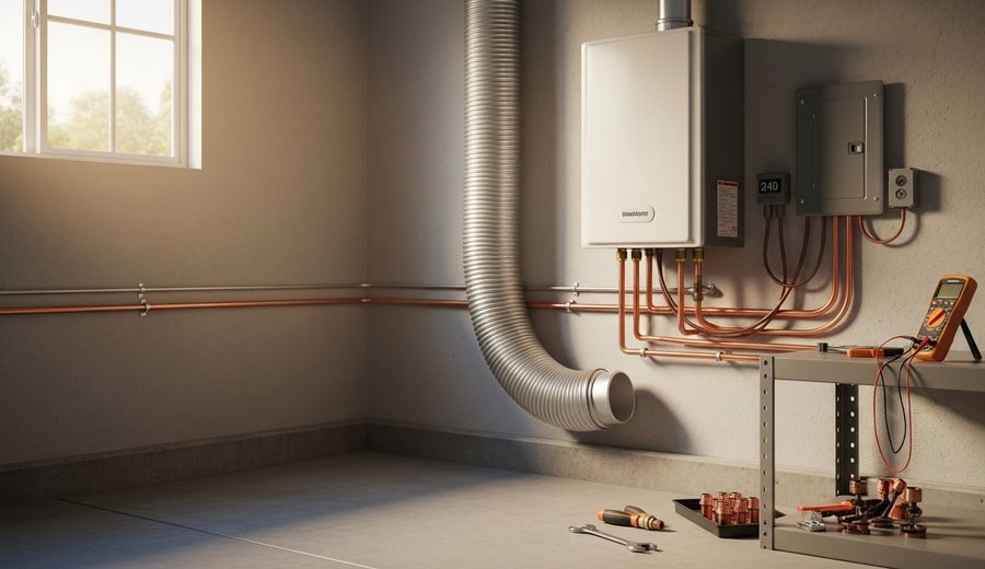 A newly installed heat pump water heater unit standing in a clean residential garage in San Diego, with visible electrical connections and proper clearance on all sides. The installation shows a modern all-electric water heating system ready for use in a California home.