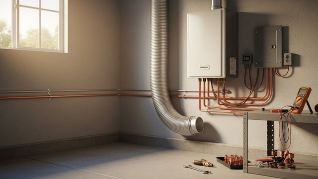 A newly installed heat pump water heater unit standing in a clean residential garage in San Diego, with visible electrical connections and proper clearance on all sides. The installation shows a modern all-electric water heating system ready for use in a California home.