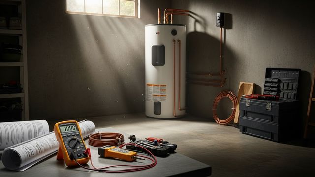 A newly installed heat pump water heater unit standing in a clean, well-ventilated garage in a San Diego home. The unit is connected to electrical and plumbing lines with clear surrounding clearance, showing a completed professional installation.