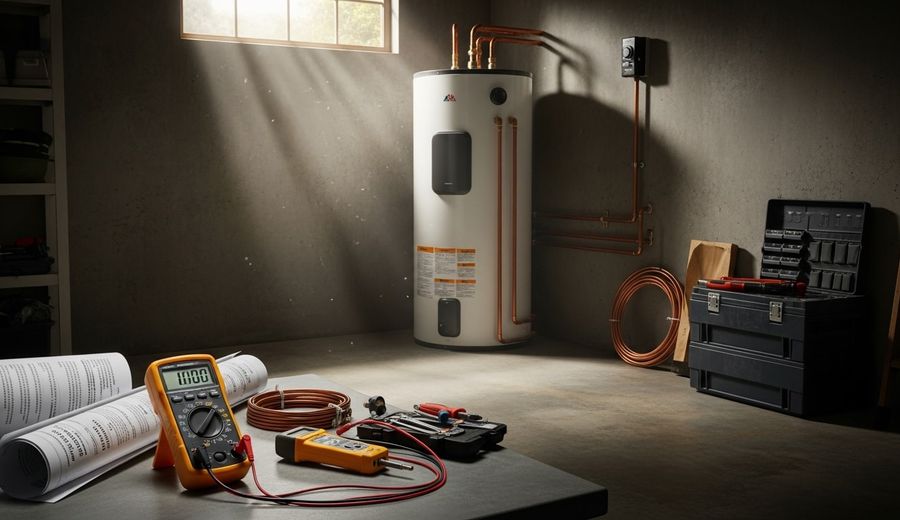 A newly installed heat pump water heater unit standing in a clean, well-ventilated garage in a San Diego home. The unit is connected to electrical and plumbing lines with clear surrounding clearance, showing a completed professional installation.