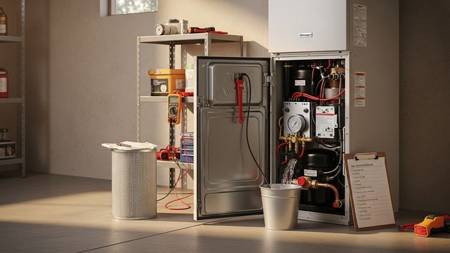 A technician inspecting the evaporator coil and air filter on a heat pump water heater installed in a San Diego garage. The unit shows clean components and clear intake vents following a completed maintenance service.