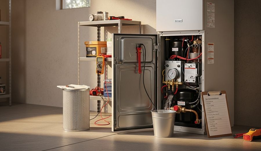 A technician inspecting the evaporator coil and air filter on a heat pump water heater installed in a San Diego garage. The unit shows clean components and clear intake vents following a completed maintenance service.