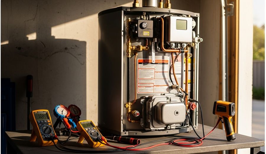 A heat pump water heater unit installed in a San Diego residential garage, with a technician from Every Day Water Heaters inspecting the electrical connections and thermostat panel during a repair visit.