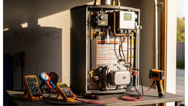 A heat pump water heater unit installed in a San Diego residential garage, with a technician from Every Day Water Heaters inspecting the electrical connections and thermostat panel during a repair visit.