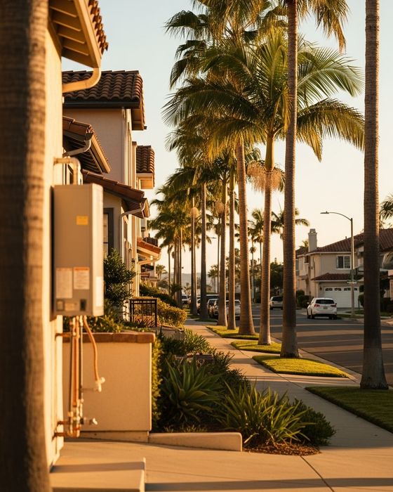 Oceanside residential street with palm trees and coastal-style homes under sunny skies.