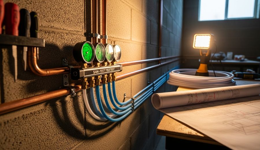 A licensed plumber installing new water supply pipes inside the wall cavity of a San Diego residential home during a bathroom remodel. New pipe lines run along wall studs with secure fittings visible before drywall installation.