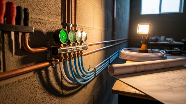 A licensed plumber installing new water supply pipes inside the wall cavity of a San Diego residential home during a bathroom remodel. New pipe lines run along wall studs with secure fittings visible before drywall installation.