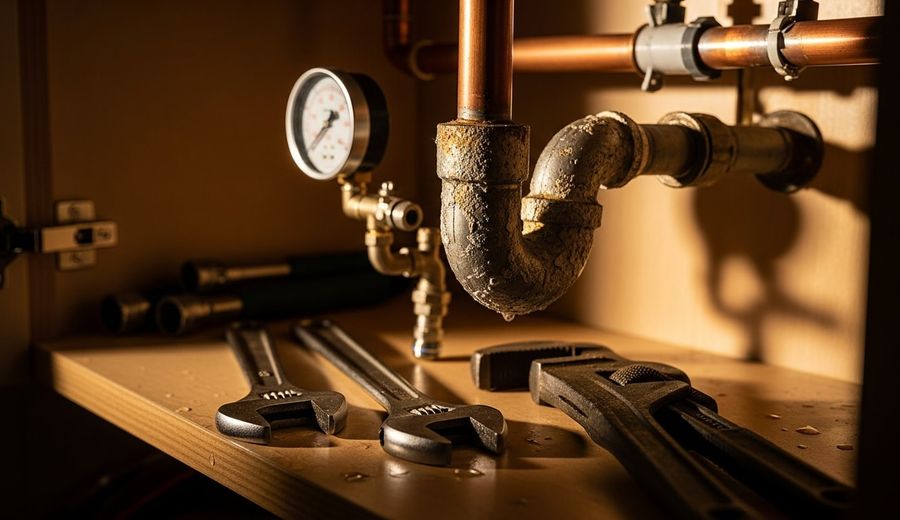 A plumber inspecting corroded pipes beneath a kitchen sink in a San Diego home. Close-up view shows mineral scale buildup and a repaired pipe joint after a plumbing repair service.