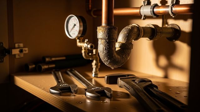 A plumber inspecting corroded pipes beneath a kitchen sink in a San Diego home. Close-up view shows mineral scale buildup and a repaired pipe joint after a plumbing repair service.
