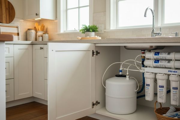 Reverse osmosis system with storage tank installed under La Jolla kitchen sink