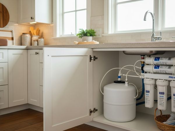 Reverse osmosis system with storage tank installed under La Jolla kitchen sink