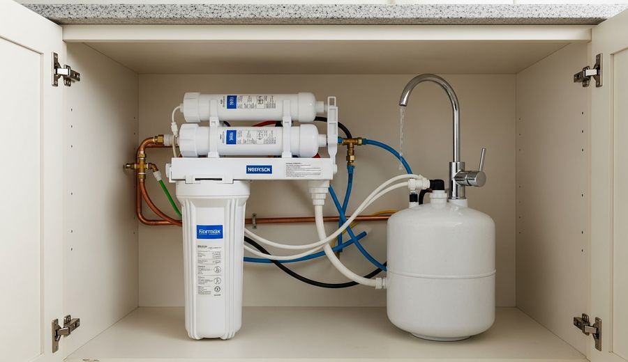 A multi-stage reverse osmosis system mounted under a kitchen sink in a San Diego home, with a dedicated chrome faucet installed on the countertop above and color-coded tubing connecting the filter housing, storage tank, and cold water supply line.