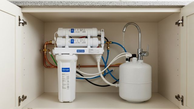 A multi-stage reverse osmosis system mounted under a kitchen sink in a San Diego home, with a dedicated chrome faucet installed on the countertop above and color-coded tubing connecting the filter housing, storage tank, and cold water supply line.