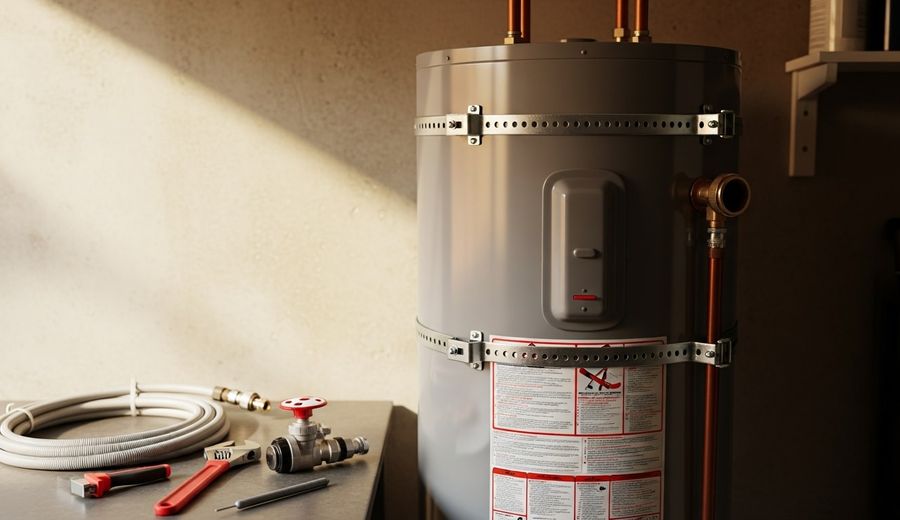 A newly installed tank water heater in a San Diego garage, with seismic straps secured at the upper and lower thirds of the tank and a dedicated cold-water shutoff valve connected above. The unit sits on a level concrete surface with the temperature and pressure relief valve drain line routed toward the exterior wall.