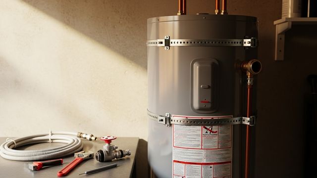 A newly installed tank water heater in a San Diego garage, with seismic straps secured at the upper and lower thirds of the tank and a dedicated cold-water shutoff valve connected above. The unit sits on a level concrete surface with the temperature and pressure relief valve drain line routed toward the exterior wall.