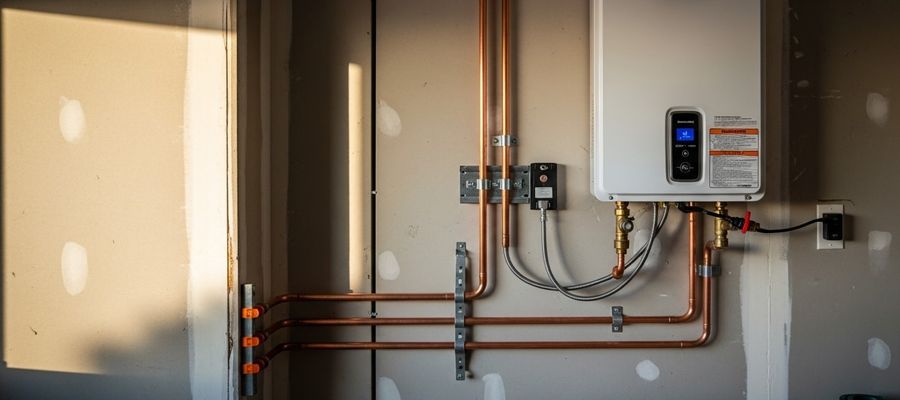 Tankless water heater mounted on wall in San Diego home utility room
