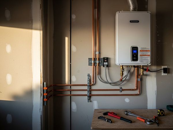 Tankless water heater mounted on wall in San Diego home utility room