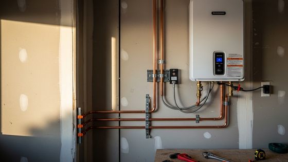Tankless water heater mounted on wall in San Diego home utility room