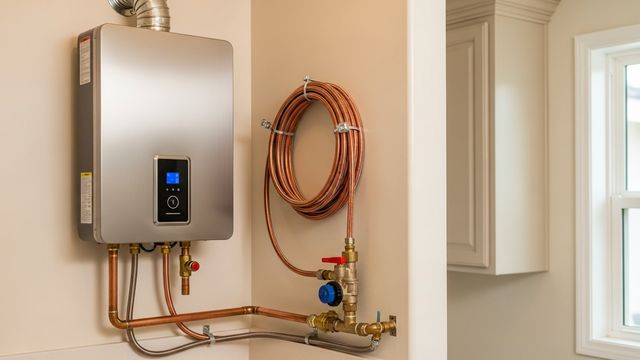 A licensed technician from Every Day Water Heaters completing a tankless water heater installation on the interior wall of a San Diego home. The compact wall-mounted unit is connected to gas and water lines in a residential utility space.