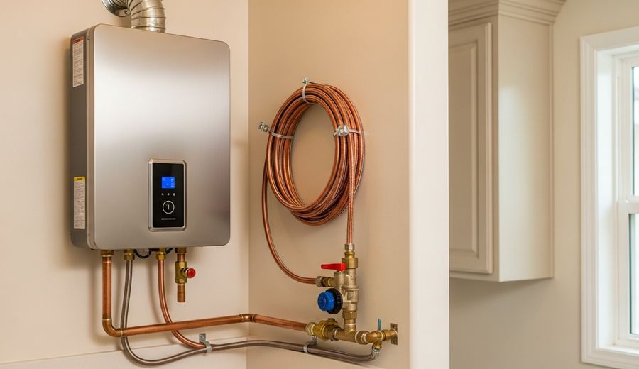 A licensed technician from Every Day Water Heaters completing a tankless water heater installation on the interior wall of a San Diego home. The compact wall-mounted unit is connected to gas and water lines in a residential utility space.