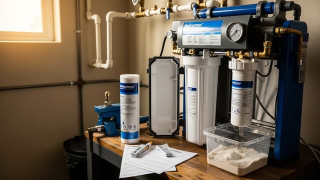A technician replacing a filter cartridge inside a whole-house water filtration system mounted on a utility wall in a San Diego home. The housing is open and the old mineral-stained cartridge is set beside a clean replacement unit.