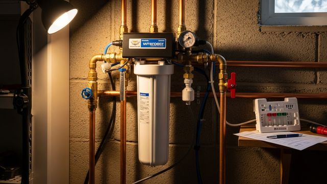 A water filtration system installed under a kitchen sink in a San Diego home, with clear housing filters connected to the cold water supply line. The setup shows a multi-stage under-sink unit with neatly routed tubing and a dedicated filtered water faucet mounted at the sink.