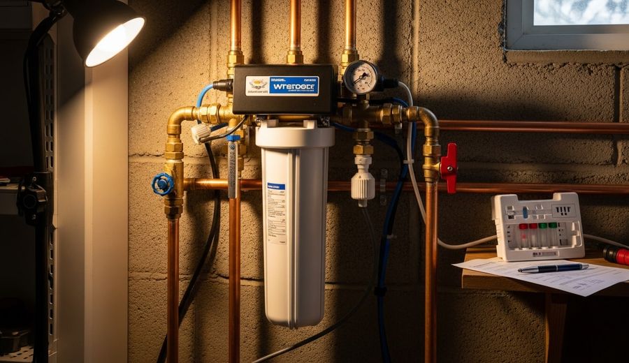 A water filtration system installed under a kitchen sink in a San Diego home, with clear housing filters connected to the cold water supply line. The setup shows a multi-stage under-sink unit with neatly routed tubing and a dedicated filtered water faucet mounted at the sink.
