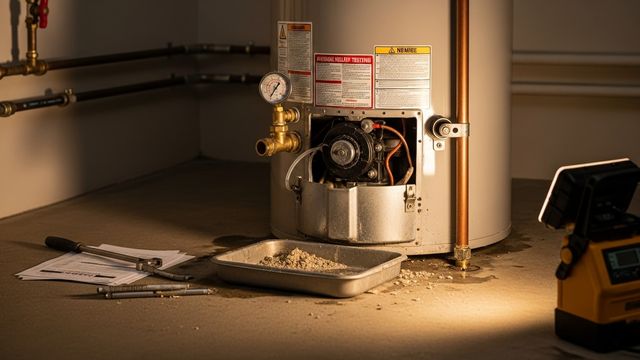 A technician from Every Day Water Heaters inspecting the anode rod and fittings on a residential tank-style water heater in a San Diego home utility closet. Maintenance tools and a drain hose are visible beside the unit.