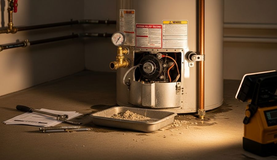 A technician from Every Day Water Heaters inspecting the anode rod and fittings on a residential tank-style water heater in a San Diego home utility closet. Maintenance tools and a drain hose are visible beside the unit.