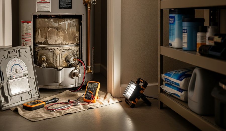 A technician from Every Day Water Heaters inspecting a tank-style water heater in a San Diego home garage, checking connections and the base of the unit for signs of sediment buildup and corrosion.