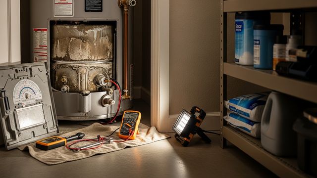 A technician from Every Day Water Heaters inspecting a tank-style water heater in a San Diego home garage, checking connections and the base of the unit for signs of sediment buildup and corrosion.