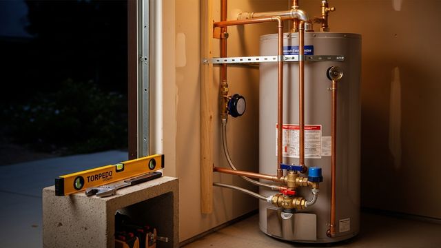 A newly installed tank water heater secured with seismic straps inside a San Diego home garage, with insulated supply lines and a pressure relief valve pipe routed to the exterior.