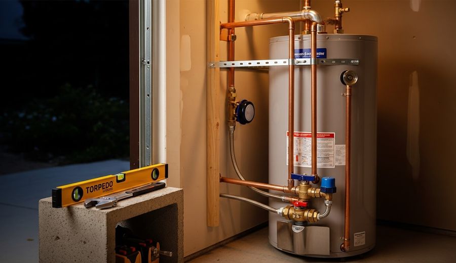 A newly installed tank water heater secured with seismic straps inside a San Diego home garage, with insulated supply lines and a pressure relief valve pipe routed to the exterior.