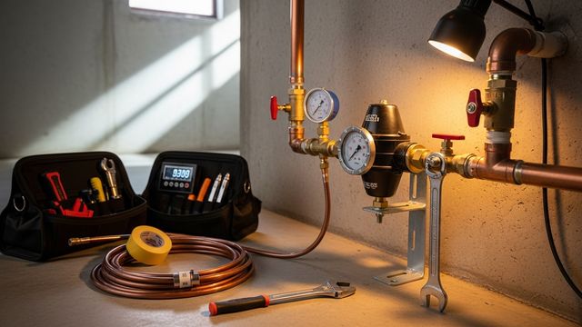 A licensed plumber installing a water pressure regulator on the main water supply line inside a San Diego home. The brass valve is mounted just after the main shut-off, with a pressure gauge visible on the line.