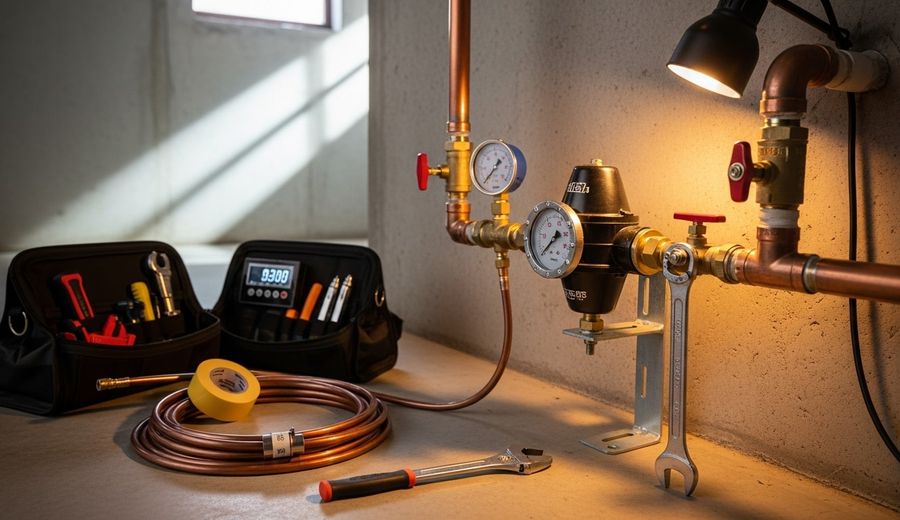 A licensed plumber installing a water pressure regulator on the main water supply line inside a San Diego home. The brass valve is mounted just after the main shut-off, with a pressure gauge visible on the line.