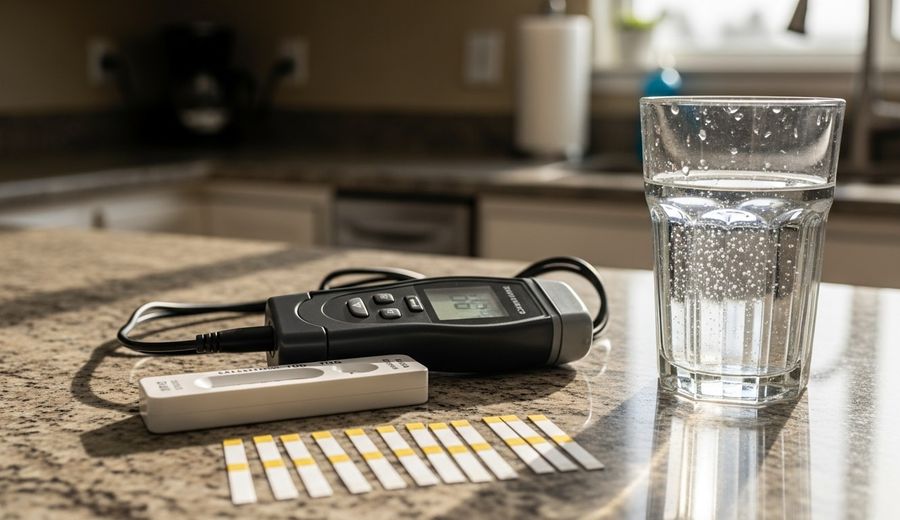 A water quality testing kit being used at a kitchen sink in a San Diego home, with test results and a water hardness reading visible on the counter. A technician reviews the results with a homeowner in a residential kitchen setting.