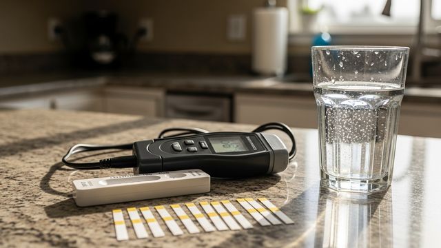 A water quality testing kit being used at a kitchen sink in a San Diego home, with test results and a water hardness reading visible on the counter. A technician reviews the results with a homeowner in a residential kitchen setting.
