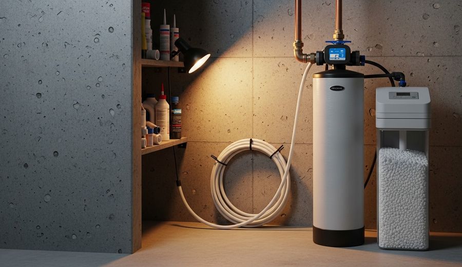 A whole-home water softener system installed on the main water line inside a San Diego residential utility room, showing the mineral tank, brine tank, and supply line connections. White mineral scale visible on a nearby pipe fitting illustrates the hard water conditions common throughout San Diego.