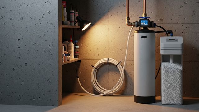 A whole-home water softener system installed on the main water line inside a San Diego residential utility room, showing the mineral tank, brine tank, and supply line connections. White mineral scale visible on a nearby pipe fitting illustrates the hard water conditions common throughout San Diego.