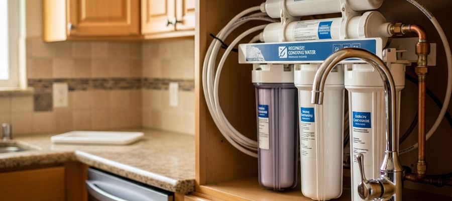 Multi-stage water filtration system installed under kitchen sink in Chula Vista
