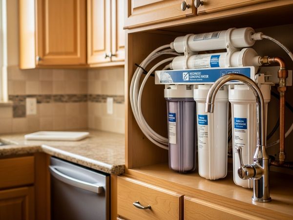 Multi-stage water filtration system installed under kitchen sink in Chula Vista