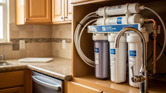 Multi-stage water filtration system installed under kitchen sink in Chula Vista